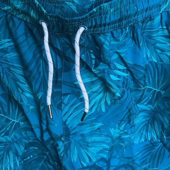 Men’s Blue Palm Swim Trunks 5” Compression Liner Shorts Stretch Zipper Pocket - Picture 3 of 14